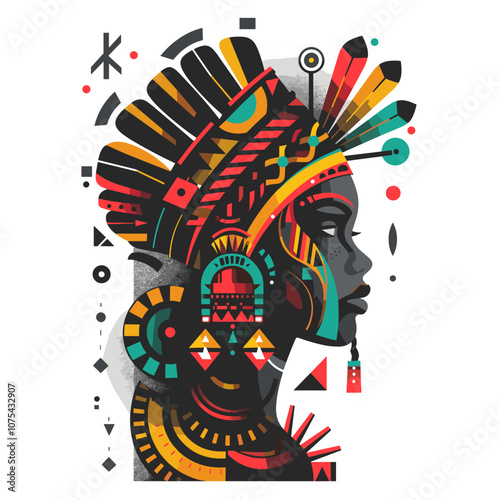 Colorful african american woman with ethnic headdress. Vector illustration.