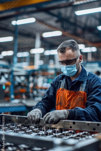 Male Factory Worker Handling Metal Parts in Industrial Facility with Safety Gear