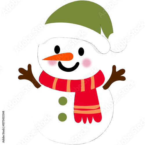 Cheerful cartoon snowman with a festive hat and scarf, rosy cheeks, and a big smile. Ideal for holiday designs, cards, or winter decorations