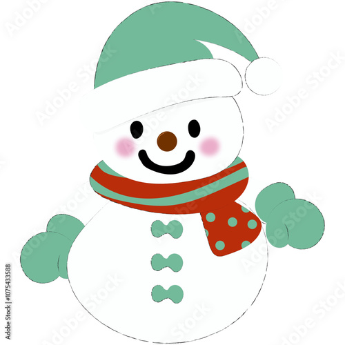 Cheerful cartoon snowman with a festive hat and scarf, rosy cheeks, and a big smile. Ideal for holiday designs, cards, or winter decorations