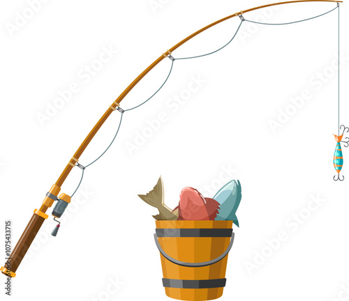 Fishing rod and a bucket of fish