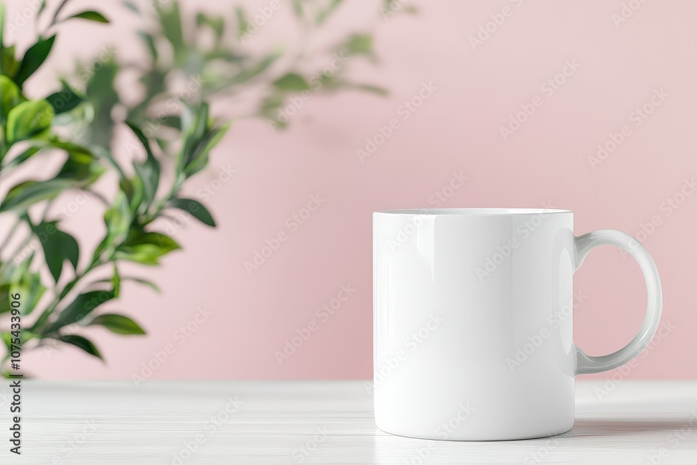 A simple blank white coffee mug placed on a wooden table against a soft pink background with a touch of greenery A simple blank white coffee mug placed on a wooden table against a soft pink background with a touch of greenery