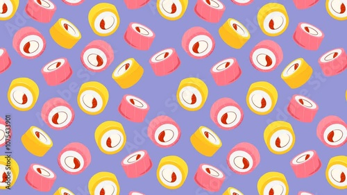 4K animated pattern of rolls moving from left to right. Sushi in a hand-drawn style creating a repeatable background. Horizontal video.