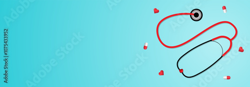 Red stethoscope with red medicine pills and red heart banner template for doctors, nurse, health day events, cancer, world health day wallpapers, covers, backgrounds