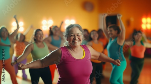 Smiling Senior Woman Enjoying a Group Fitness Dance Class in a Colorful Studio