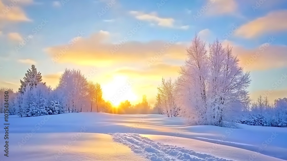 A Snowy Winter Landscape with a Sunset and Trees A Snowy Winter Landscape with a Sunset and Trees