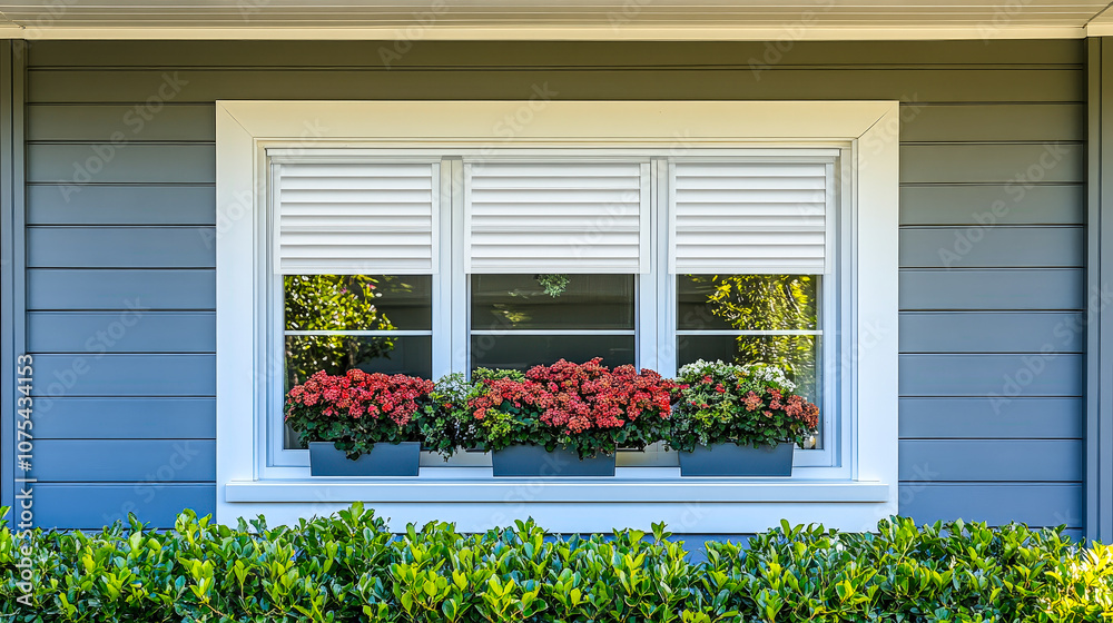 Naklejka premium Beautiful window with flower boxes showcasing vibrant blooms against a modern gray house exterior on a sunny day