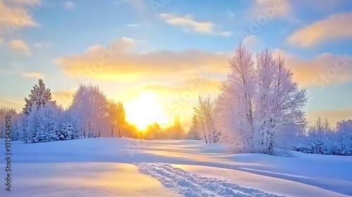 A Snowy Winter Landscape with a Sunset and Trees