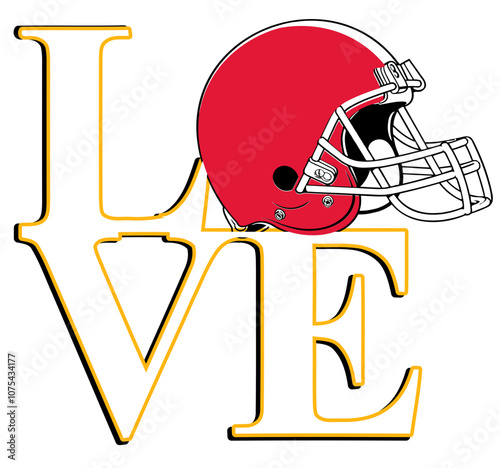 Love - white, gold and red football player helmet, sport vector graphics, hockey, for street art - graffiti lettering typography - art illustration - multicolor - writen