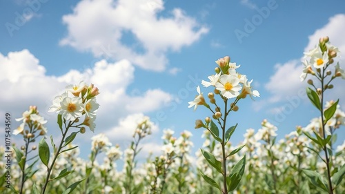 A field of fresh almond flowers swaying gently in the breeze under a clear blue sky with fluffy white clouds, blue sky, countryside views