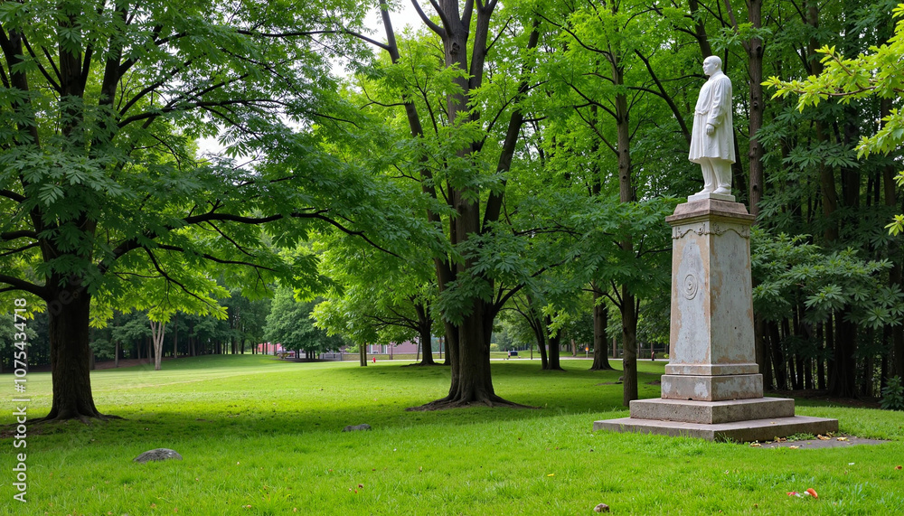St. Patrick statue on a pedestal surrounded by lush greenery in a serene park setting St. Patrick statue on a pedestal surrounded by lush greenery in a serene park setting