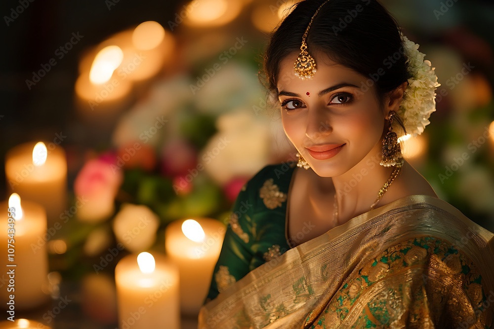 Festive Indian Woman in Golden Sari with Candlelight Glow1 Festive Indian Woman in Golden Sari with Candlelight Glow1