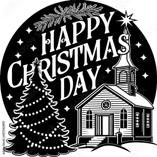 Christmas card with Christmas tree and gifts with Christmas decorating ideas with Christmas tree and church for happy ' Christmas Day ' greetings 