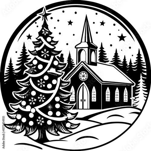 Christmas card with Christmas tree and gifts with Christmas decorating ideas with Christmas tree and church for happy ' Christmas Day ' greetings 
