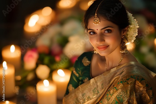 Festive Indian Woman in Golden Sari with Candlelight Glow1