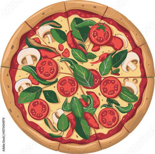  colorful toppings Pizza illustration cartoon style  vibrant colors, tomatoes and  basil leaves.