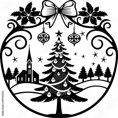 Christmas card with Christmas tree and gifts with Christmas decorating ideas with Christmas tree and church for happy ' Christmas Day ' greetings 