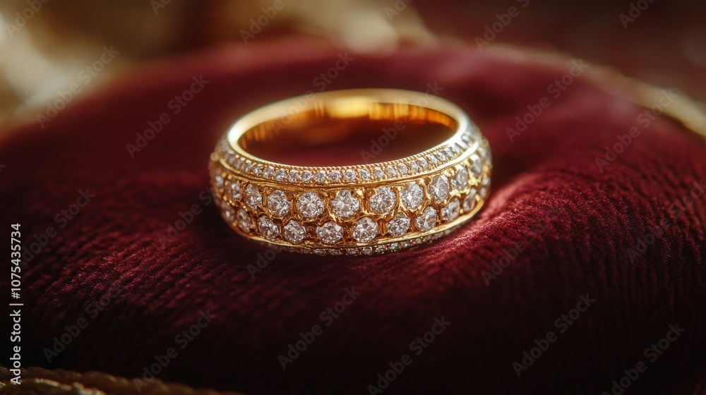 Diamond-Encrusted Gold Band Ring on Red Velvet Diamond-Encrusted Gold Band Ring on Red Velvet