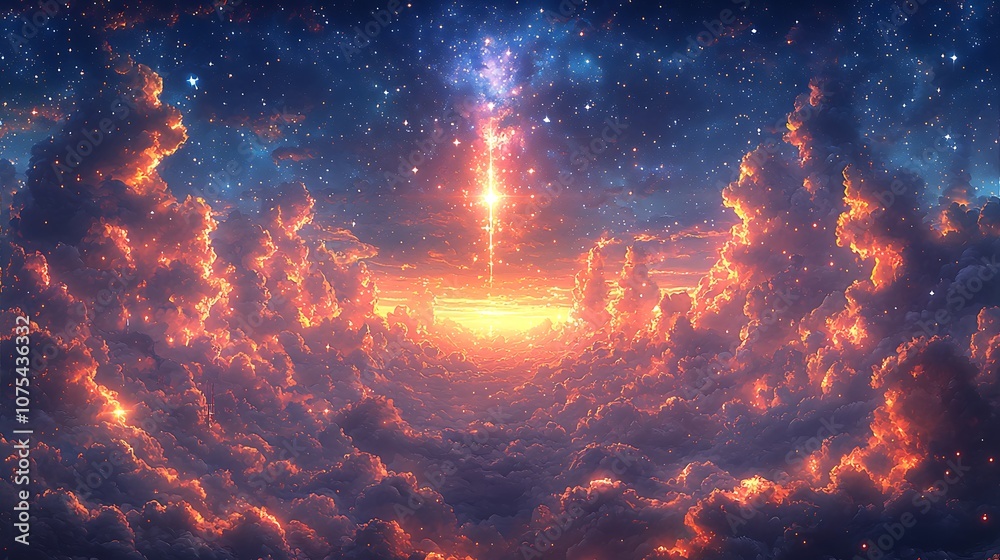 A vibrant, colorful sunrise over a field of puffy clouds with a ray of light streaming through the center of the clouds reaching towards the stars above. A vibrant, colorful sunrise over a field of puffy clouds with a ray of light streaming through the center of the clouds reaching towards the stars above.