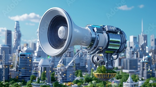 Futuristic city with a giant speaker broadcasting from a tower.