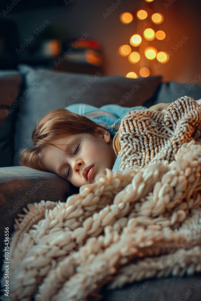 Cozy Family Moment - Child Napping on Couch in Warm, Softly Lit Atmosphere for Home Decor Cozy Family Moment - Child Napping on Couch in Warm, Softly Lit Atmosphere for Home Decor