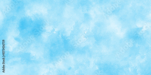 Grunge aquarelle painted sky blue watercolor textured, natural clear clouds in the blue sky background, soft and cloudy fresh watercolor painting textured design on white paper.