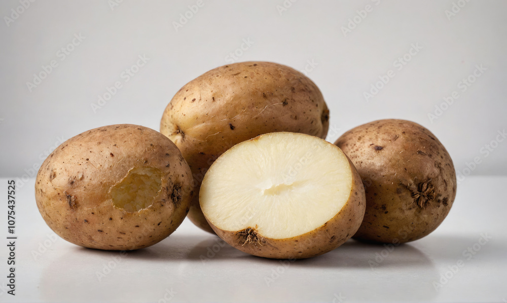 Four brown potatoes sit on a white countertop, one of which is sliced in half Four brown potatoes sit on a white countertop, one of which is sliced in half