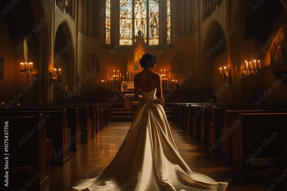 Bride in a high-neck satin dress with long train