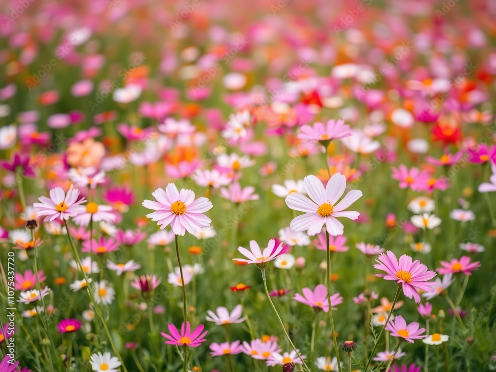 A vibrant cosmos flower field bursts with life and color, its sea of delicate blooms stretching as far as the eye can see, blooming flowers, outdoor scene A vibrant cosmos flower field bursts with life and color, its sea of delicate blooms stretching as far as the eye can see, blooming flowers, outdoor scene