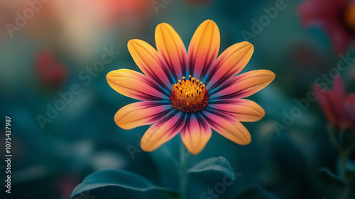 Colorful flower blooming in a garden during spring, showcasing vibrant yellow and purple petals against a blurred green background