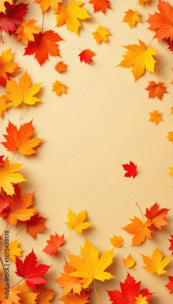 Bright autumn leaves scattered against a soft beige background scene Bright autumn leaves scattered against a soft beige background scene