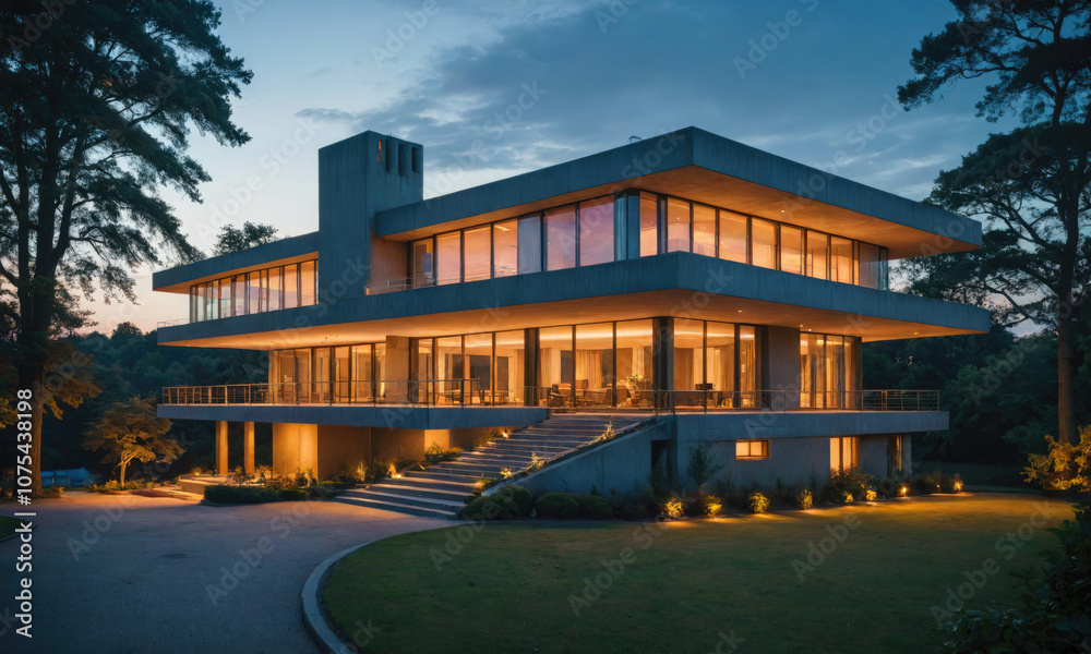 A modern home is illuminated at dusk, showcasing its sleek design and expansive windows A modern home is illuminated at dusk, showcasing its sleek design and expansive windows