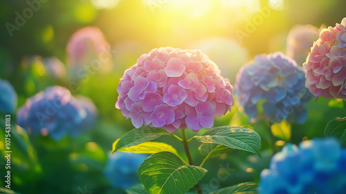 Beautiful hydrangeas blooming in a sunlit garden during late afternoon in a vibrant display of colors