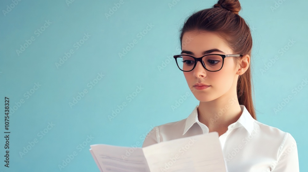 Focused Young Woman Reading Documents
