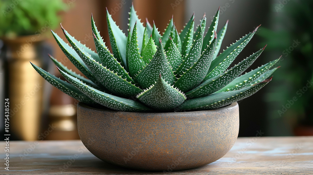 Aloe vera plant in a simple brown ceramic pot displayed on a rustic wooden table indoors surrounded by greenery Aloe vera plant in a simple brown ceramic pot displayed on a rustic wooden table indoors surrounded by greenery