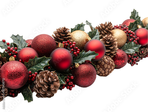 Christmas Garland with Red Baubles, Pine Cones, and Greenery photo