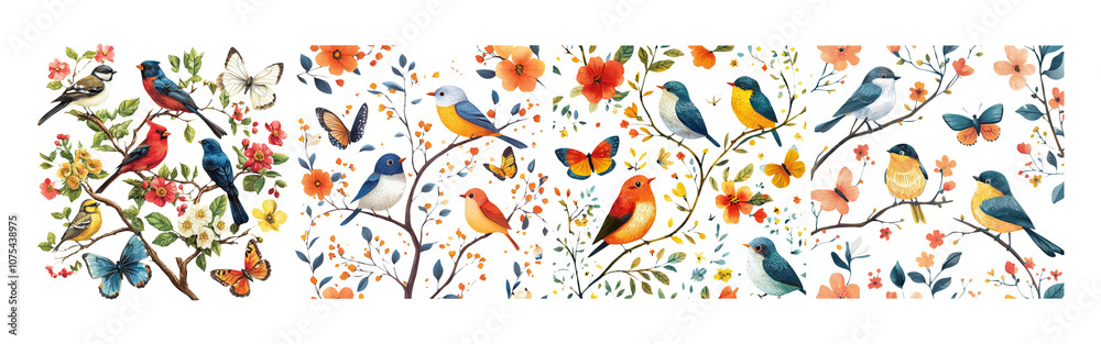 Fototapeta premium Vibrant Bird and Butterfly Nature Illustration