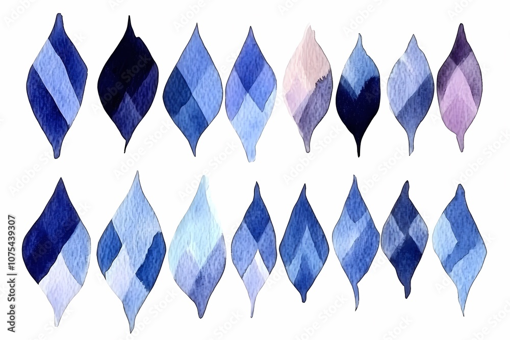 Fototapeta premium Abstract Watercolor Pattern of Leaf Shapes in Shades of Blue and Purple, Ideal for Backgrounds, Textiles, and Modern Designs in Creative Projects