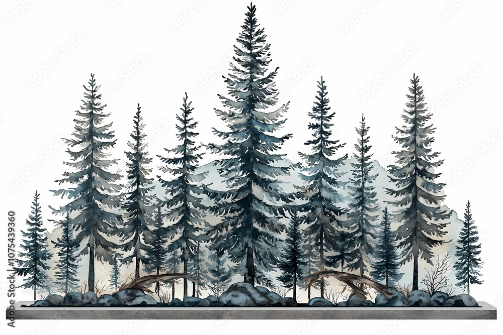 Obraz premium Majestic Evergreen Forest with Snow-Capped Pines and Rocky Terrain, Perfect for Nature Illustrations, Seasonal Decor, and Outdoor Adventure Themes
