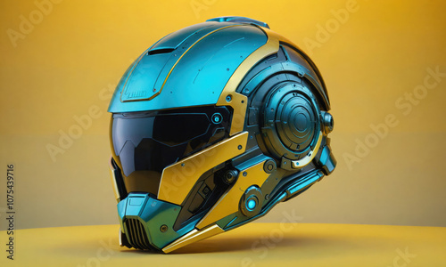 A futuristic helmet with a blue and gold design sits on a yellow surface photo