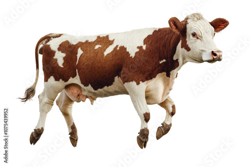 A brown and white cow stands isolated on a transparent background