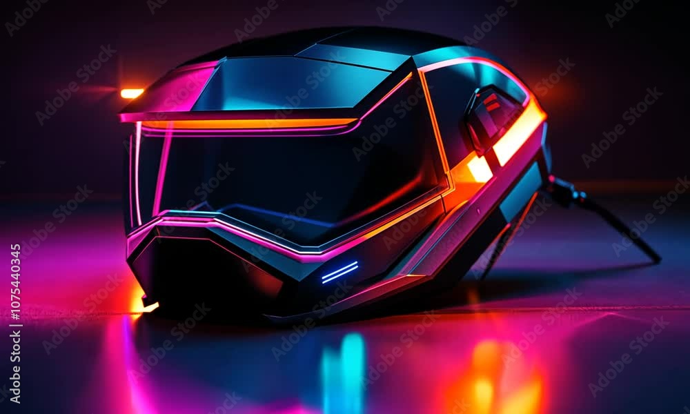 A futuristic helmet with neon lights, designed for gaming or virtual reality experiences. A futuristic helmet with neon lights, designed for gaming or virtual reality experiences.