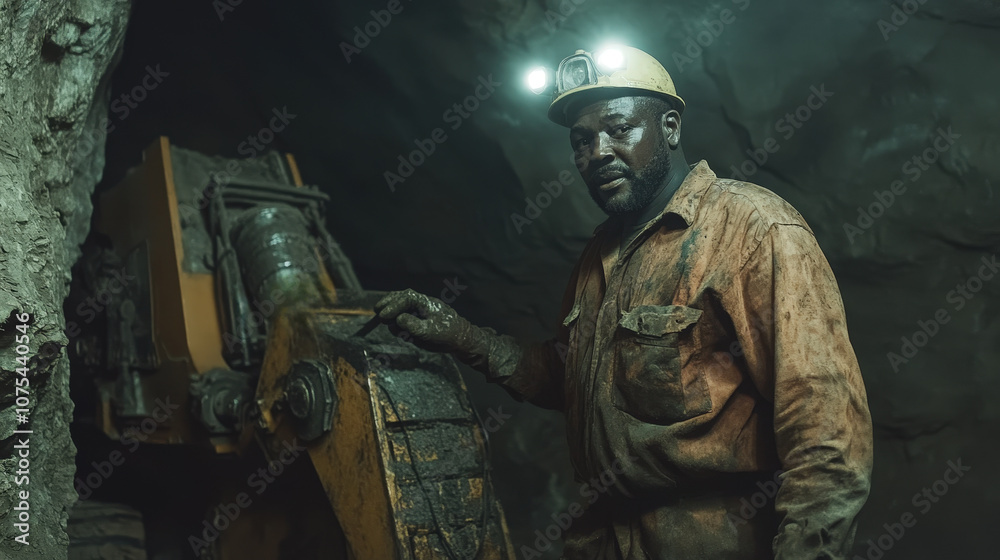 Fototapeta premium A miner operates heavy machinery inside a dimly lit underground mine.