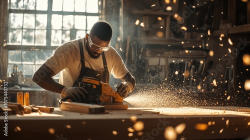 A skilled carpenter working on wood in a workshop filled with sawdust and light.