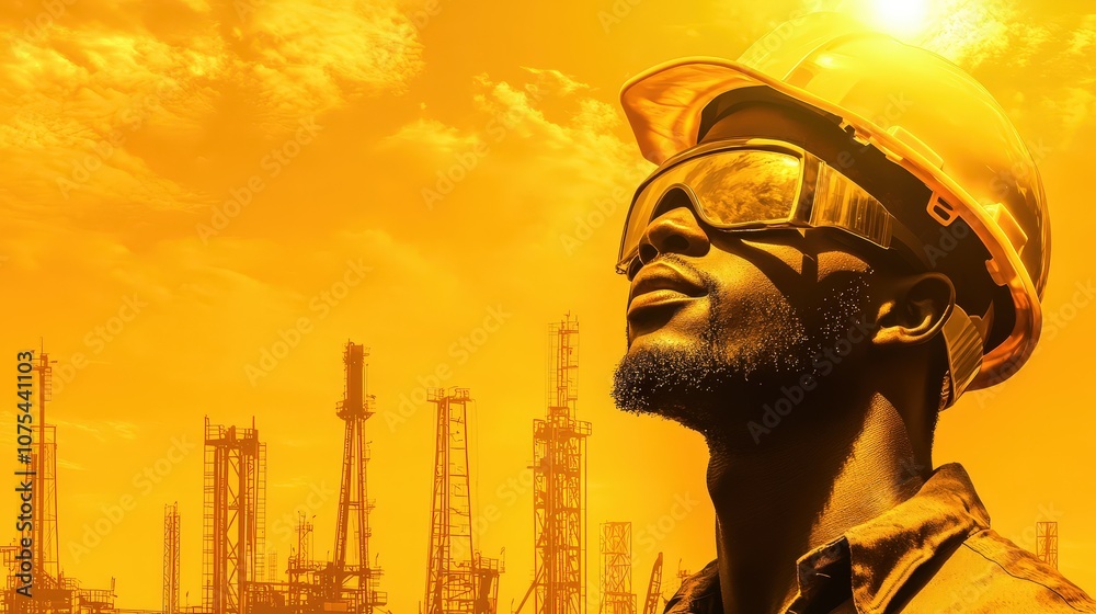 A worker in protective gear stands against an industrial backdrop during sunset. A worker in protective gear stands against an industrial backdrop during sunset.