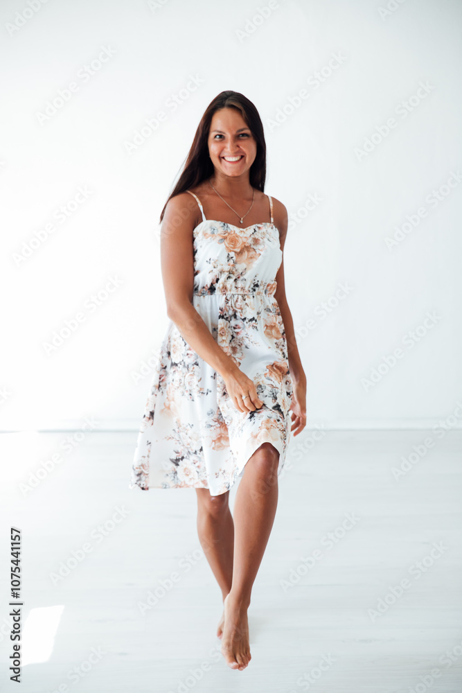 Red Young Tanned Slim Brunette Woman In White Dress Red Young Tanned Slim Brunette Woman In White Dress