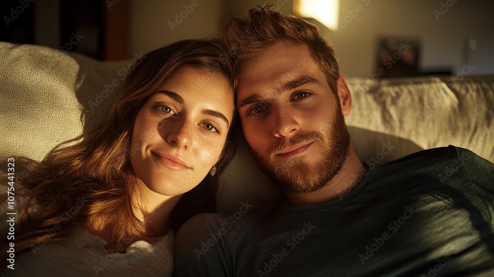 Couple Relaxing Together on a Cozy Couch in the Warm Glow of Evening Light, Enjoying Quality Time in a Comfortable Living Room Couple Relaxing Together on a Cozy Couch in the Warm Glow of Evening Light, Enjoying Quality Time in a Comfortable Living Room