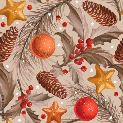 Seamless pattern with red and gold Christmas symbols. Christmas tree with cones, stars and balls on light background. Winter vector backdrop for greeting cards, wrapping papers.
