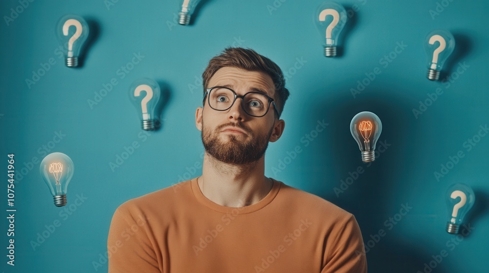 A Young Man Deep in Thought Stands Against a Vibrant Blue Background With Illuminated Light Bulbs and Question Marks, Symbolizing Curiosity and Contemplation A Young Man Deep in Thought Stands Against a Vibrant Blue Background With Illuminated Light Bulbs and Question Marks, Symbolizing Curiosity and Contemplation
