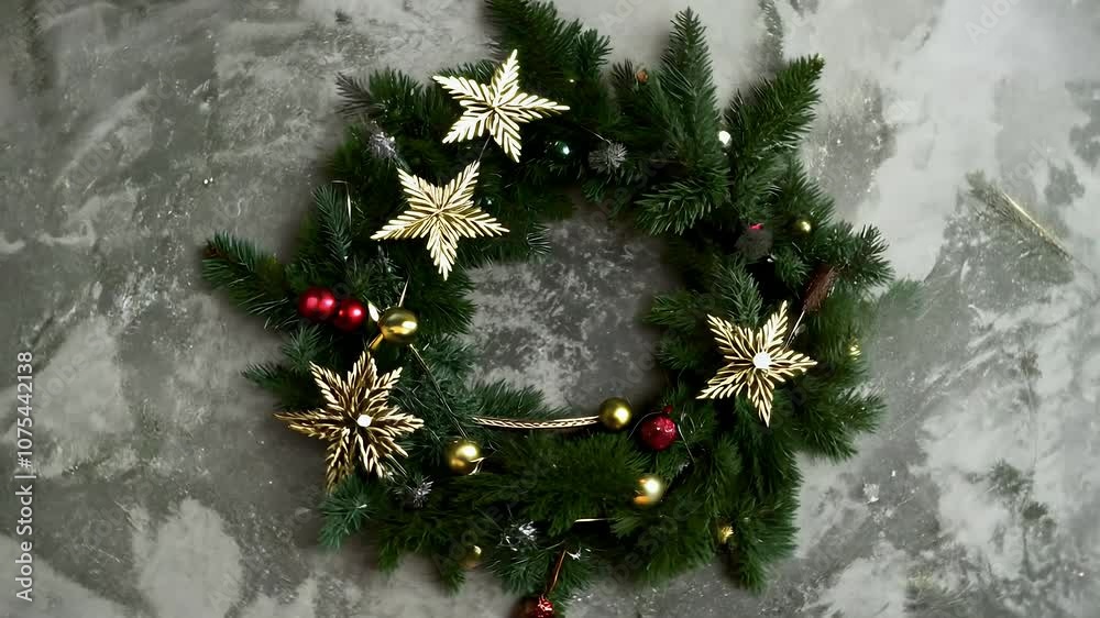 A Christmas wreath made winter green 4k 4kery holly cedar cypress fir adorned gold star decorations red berries set grey grunge background video perfect creating seasonal festive atmosphere chaplet